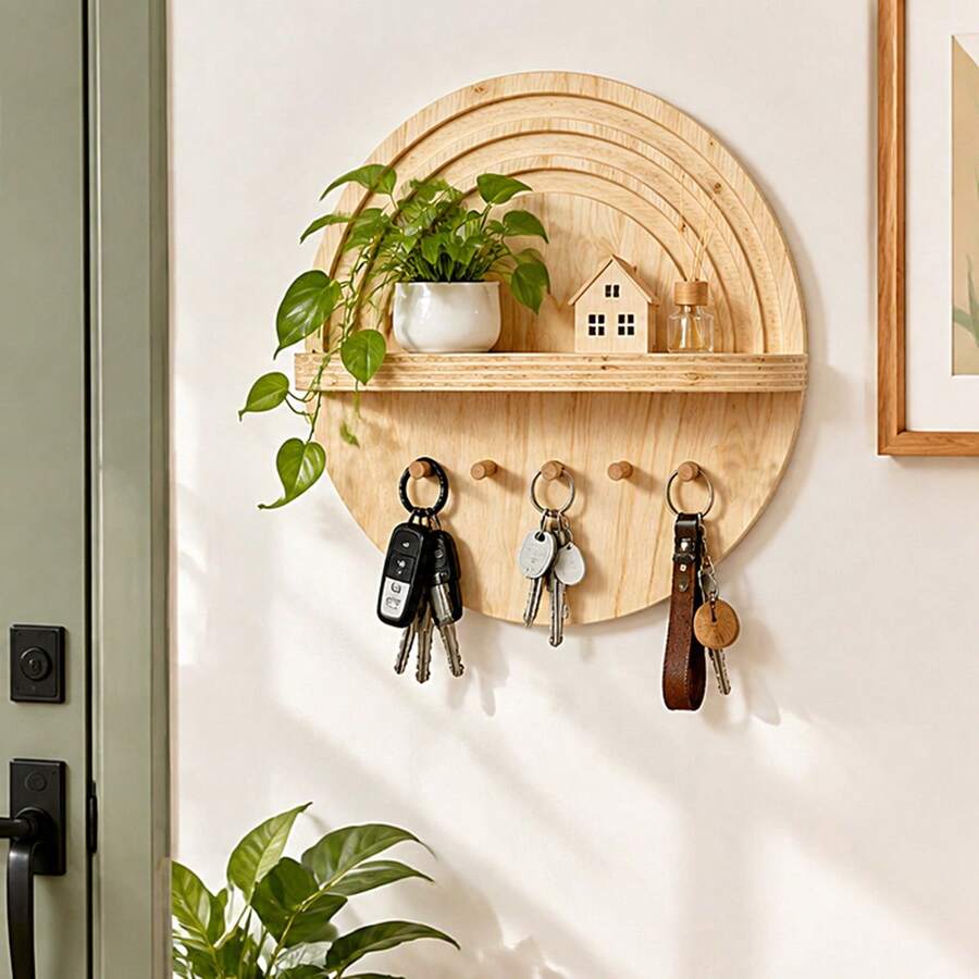 Round Wooden Key Holder Shelf, Nordic Style Entryway Storage Rack With Hooks, Bedroom Kitchen Bathroom Universal Room Decor, Multi-Functional Wall-Mounted Storage Rack, Minimalist Home Wall Decoration - View 1