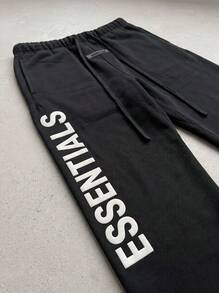 Fear Of God Essentials FW24 Black Straight‑Leg Fleece Sweatpants, Oversized Relaxed Fit Drawstring Trousers For Daily Street Outfit, Casual Hangout - Black - View 6