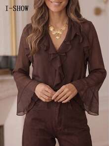 Women's V-Neck Ruffle Chiffon Blouse Brown Semi-Sheer Bell Sleeve Top - Brown - View 2