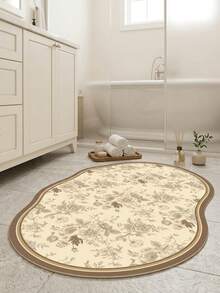 1PC Beige Brown Line Drawing Rose Floral Pattern French Vintage Pastoral Carpet, Elegant Classical Style Faux Cashmere Asymmetrical Wavy Oval Full Coverage White Outline Rose Branches & Vines With Multi-Layer Geometric Border Details Machine Washable Area Rug, Suitable For Living Room Bedroom Balcony, All Season Home Decor - Multicolor - View 7