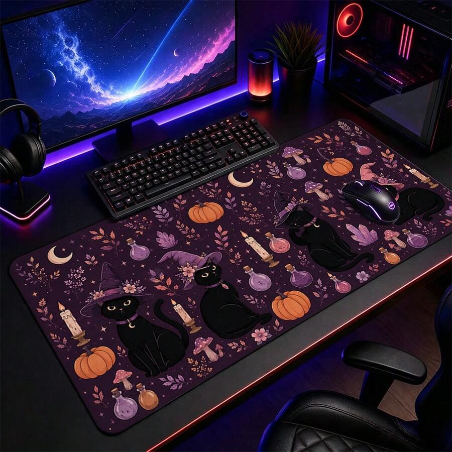 1pc Halloween Black Witch Desk Pad, Purple Potion Pumpkin Mushroom Pattern Large Extended Mouse Pad, Non-Slip Rubber Base, Stitched Edge Keyboard Mat, Suitable For Office, Home, Dorm, Gaming Desk Decor, Cat Lover Gift - View 1