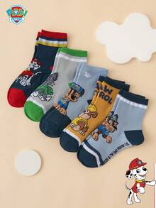 5 Pairs Paw Patrol Series Authentic Chase Rubble Striped Letter Cartoon Kids Mid-Calf Socks - Multicolor - View 5