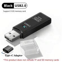 2合1 USB 2.0 高速讀卡機附 Type-C 轉接頭，Micro TF SD 讀卡機，高速轉換器，適用於相機與筆記型電腦 - 黑色 - 查看 2