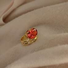 European & American Style Orange-Red Zirconia Double Layer Wide Band Women's 18K Gold Plated Luxury Party Oval Ring - Orange - View 8
