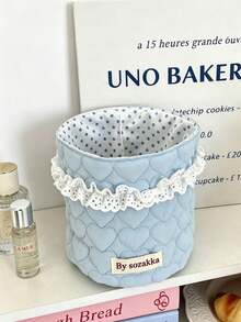 5/1pc Heart‑Shaped Quilted Surface With Delicate Lace Trim,Creates Soft Aesthetic For Your Vanity Desk Cylindrical Large‑Capacity Design,Holds Cosmetics,Hair Accessories And Desktop Sundries,Lightweight Soft Fabric Basket,Suitable For Bedroom - Multicolor - View 7