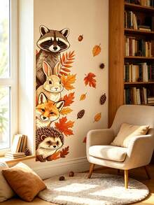 Cute Autumn Forest Animals Vertical Wall Decal, Raccoon Rabbit Fox Hedgehog Autumn Leaves Pine Cone Creative Fun Pattern Wall Sticker Decor For Nursery, Kids Room, Classroom, Bedroom, Living Room Wall, Easy To Apply And Remove High Quality No Glue Adhesive Film, Fall Autumn Atmosphere Decor Sticker - Multicolor - View 5