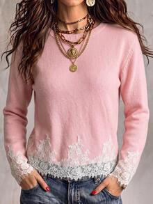 Plus Size Women's Contrast Lace Hem Round Neck Long Sleeve Sweater - Pink - View 6