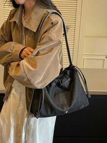Fashion Solid Color Pleated Shoulder Bag, Drawstring Design, Suitable For Women Shopping, Dating, Gift And Daily Use - Black - View 5