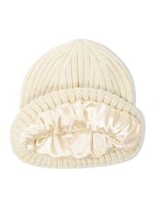 1pc Satin Lining Autumn/Winter Striped Ribbed Warm Knitted Hat, Satin Hair Protection Cold-Proof Woolen Beanie - Ribbed Knit - View 7