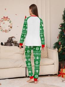 Women's 2pcs Christmas Pajama Set, Raglan Sleeve Deer Christmas Tree Letter Print Top, Green Snowflake Christmas Tree Jacquard All-Over Print Pants, Holiday Loungewear Set - Multicolor - View 4