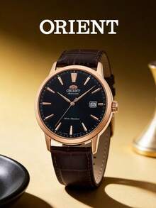 Orient Men's Rose Gold Round Automatic Mechanical Watch, Pure Black Radial Dial, Crocodile Pattern Dark Brown Leather Strap, Low-Key Business Style - Black - View 3