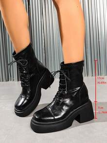 Fashion Round Toe Thick Sole Lace-Up Women's Ankle Boots, Autumn/Winter New Versatile Black Boots - Black - View 8