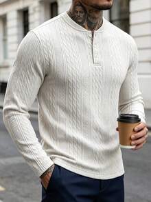Men's Solid Color Jacquard Henley Long Sleeve Top, 3-Button Placket Slim Fit Textured Casual Pullover, Suitable For Spring And Autumn Daily Wear - White - View 1