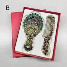 Exquisite Small Embossed Vintage Peacock Hand Mirror & Portable Creative Comb, Gift Box With Greeting Card, Birthday Gift, Random Gemstone Color, Back To School Gift, Halloween, Christmas - Multicolor - View 6