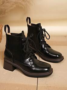 Solid Color Commuter Side Zipper Holiday Vintage Lace-Up Chunky Heel Ankle Boots Women Autumn/Winter New Style Back Zipper Round Toe Versatile British Fashion Boots - Black - View 2
