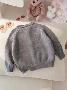 Girls Elegant Solid Color Embroidered Round Neck Sweater Cardigan With Raglan Sleeves, Suitable For Daily Casual Wear, Vacation, Spring, Autumn, Winter - Grey - View 2