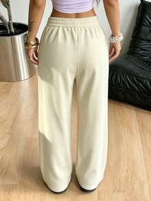 Women's Mid-Waist Corduroy Wide Leg Pants, Loose Drawstring Casual Long Pants With Pockets, Versatile For Autumn/Winter - Apricot - View 3