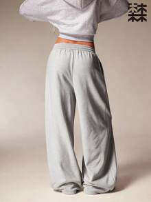 mulinsen Women's Minimalist Solid Color Wide Leg Sweatpants, Vertical Stitch Drawstring Waist Loose Casual Sports Long Pants - Grey - View 4