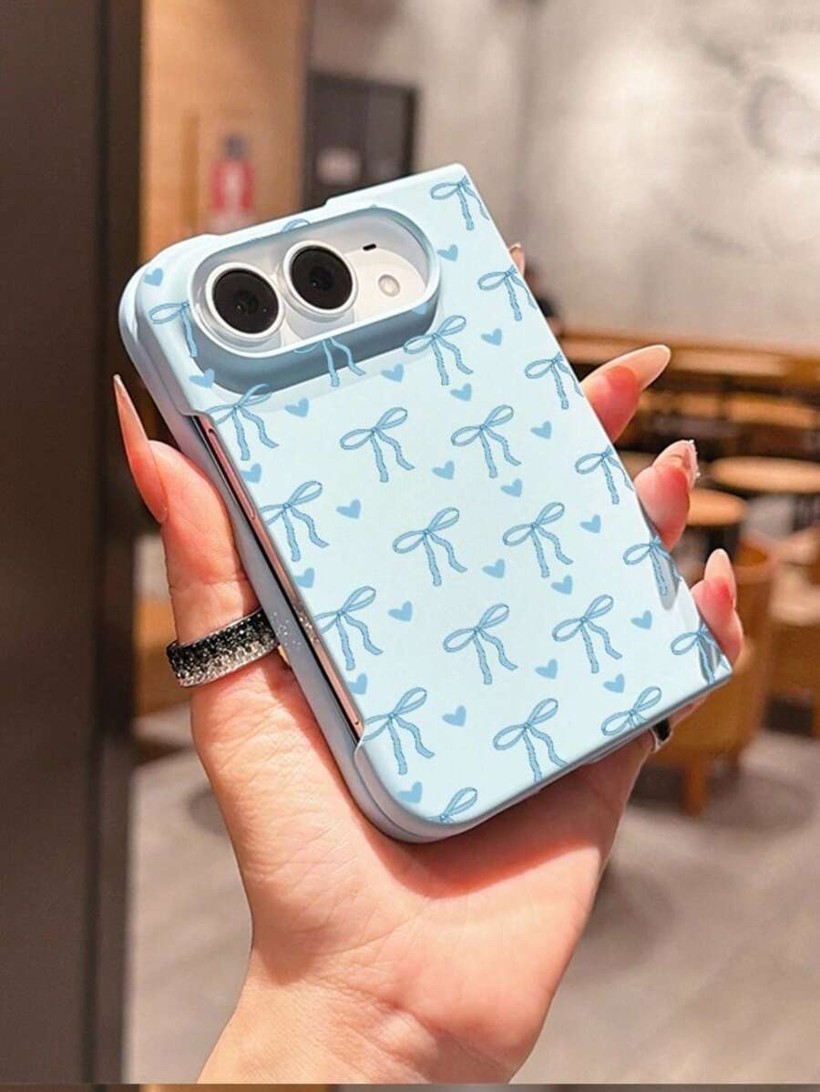 1pc Fashionable Cute Simple Skin Feel PC Material Love Bow Element Folding Phone Case, Can Protect And Prevent Falling For:SamsungGalaxy Z Fold 8/IPhoneDuo - Baby Blue - View 1