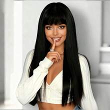 70cm Straight Hair Wig With Bangs, High Density, Natural Look, Soft And Smooth, Adjustable Cap Net, Secure Fit, Comfortable Wear, Fashionable And Elegant, Versatile, Suitable For Daily Wear, Cosplay, Christmas Costume, For All Women - Black - View 5