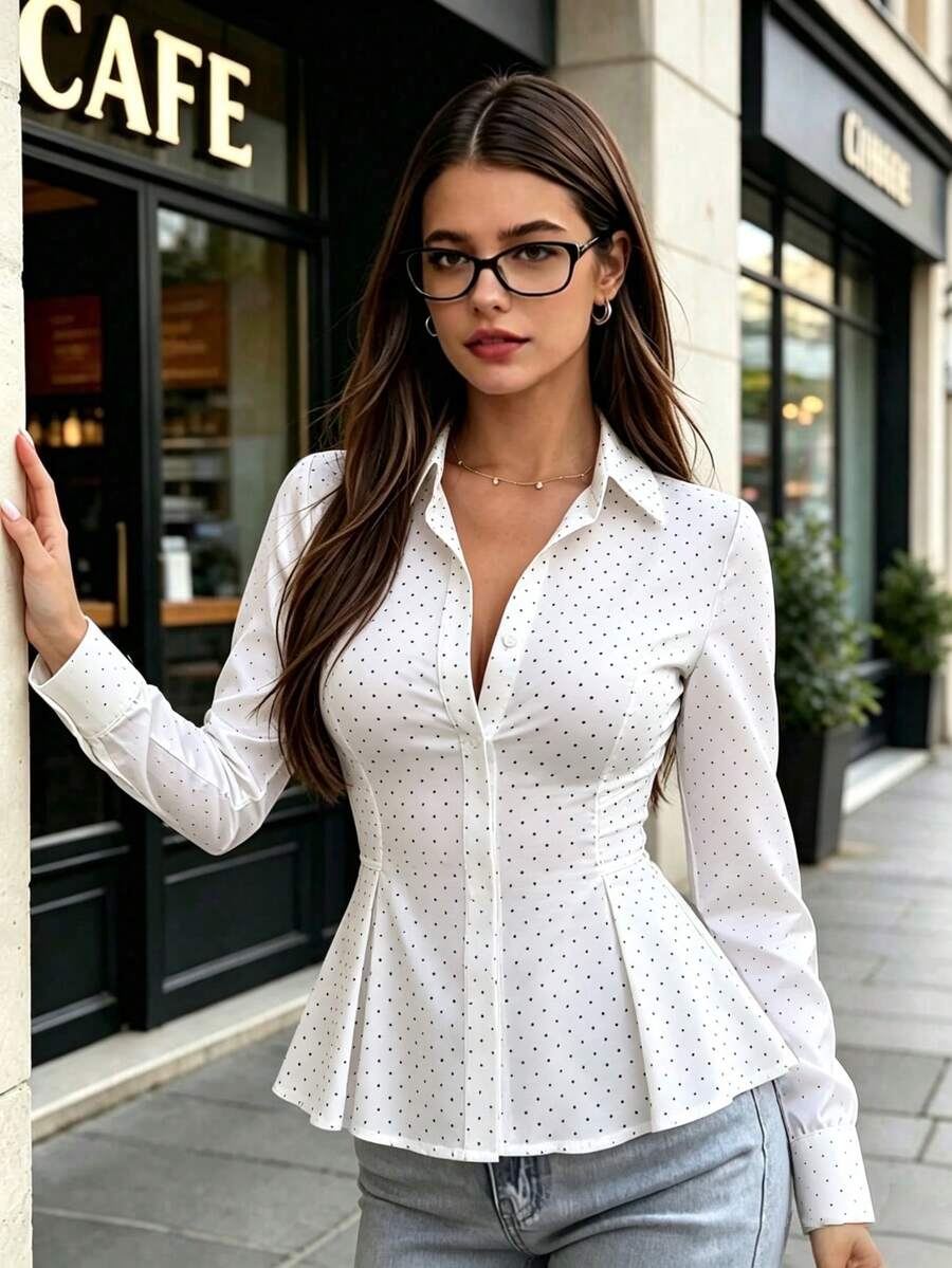 女款初秋時尚休閒修身白色長袖襯衫,百搭,適合約會、辦公通勤、日常穿著 - 波點黑白 - 查看 1