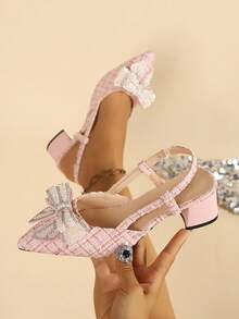 Spring/Summer New Elegant Pink Women's Slingback Sandals, Pointed Toe, Chunky Heel, Pearl & Rhinestone Bow Decor, Versatile Commute & Date Shoes - Pink - View 2