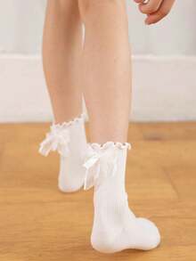 1 Pasang Kaos Kaki Wanita Putih Berumbai dengan Hiasan Garis-garis dan Tumit, Dua Lapis dengan Pita, Manis, Murni, Serbaguna, Nyaman, dan Dapat Disesuaikan untuk Pemakaian Sehari-hari, Kain Lembut - Putih - View 3