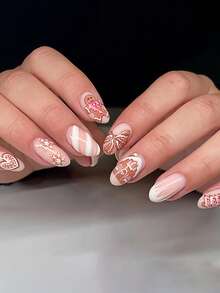 Christmas Nail Art, 24pcs/Set Almond Shape Gingerbread Man, Snowflake, Gingerbread House, Striped Christmas Tree Press-On Short Nails Wearable Set Suitable For Hot Girls, Office Women, Party, Date And Daily Wear And Party Use - Multicolor - View 1