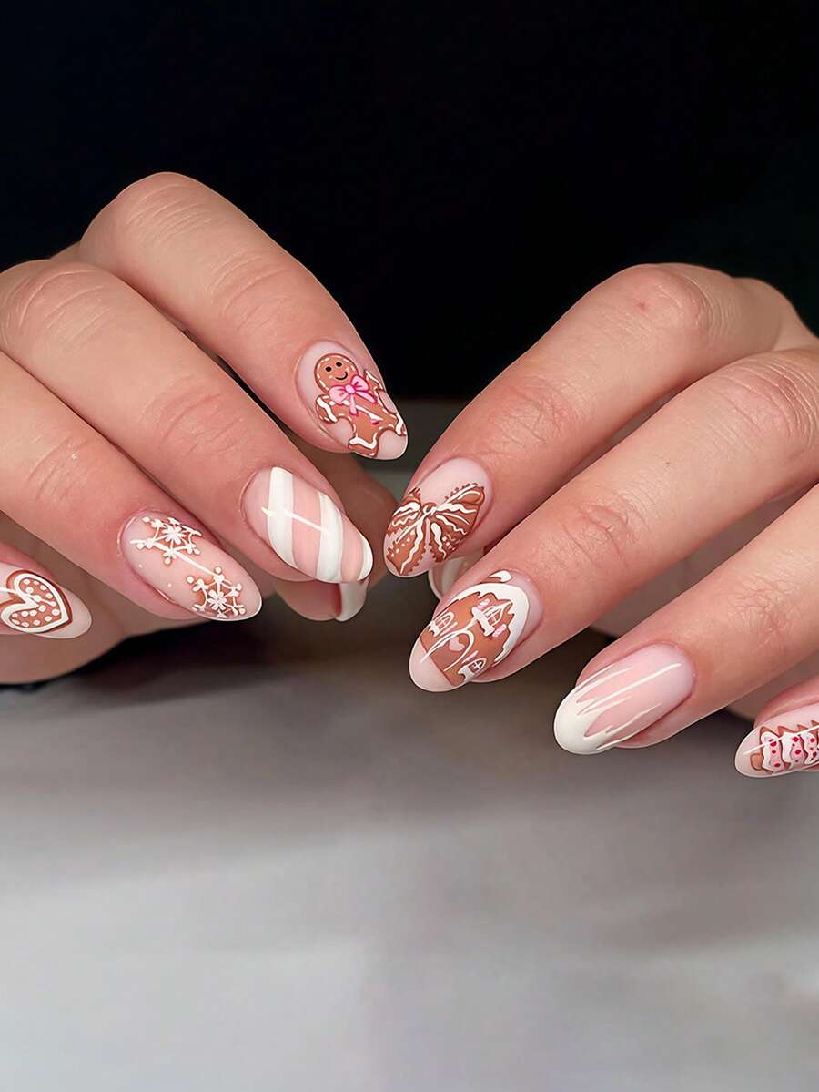 Christmas Nail Art, 24pcs/Set Almond Shape Gingerbread Man, Snowflake, Gingerbread House, Striped Christmas Tree Press-On Short Nails Wearable Set Suitable For Hot Girls, Office Women, Party, Date And Daily Wear And Party Use - Multicolor - View 1