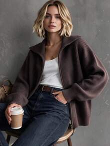 1pc Women's Knitted Cardigan With Lapel Collar And Zipper Design, Loose Fit Slouchy Knit Sweater, New Arrival For Autumn/Winter - Brown - View 4