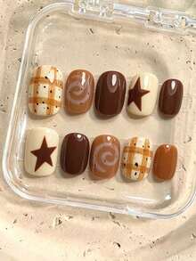 10Pcs Y2K Retro Short Square Press On Nails,Reusable Handmade False Nails,Cream & Coffee Brown,Plaid Print,Brown Star,Spiral Pattern,Ins Nail Art For Daily Dating Party Autumn Back To School Manicure - Brown - View 3