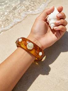 4/1pc Simple Fashion Punk Style Asymmetrical Beaded Bracelet, Autumn/Winter Maillard Color Palette, Faux Shell, Faux Pearl, Rivet, Wide Resin Bangle Set For Women, Sisters, Vacation, Date, Gift, Daily Casual, Party - Brown - View 3