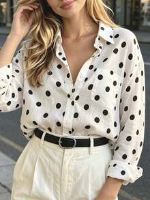 Women's Loose Casual Polka Dot Print Long Sleeve Shirt For Spring/Summer, Suitable For Evening Dates, Holidays, Office, Home, Daily Wear, Birthday Parties, Travel, Brunch, Country Concerts, Airport Outfits, Sports And Fitness - Multicolor - View 5