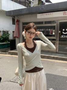Korean Style Casual 2 In 1 Women's Top, College Autumn/Winter Design Fitted Base Layer Top - Mint Green - View 1