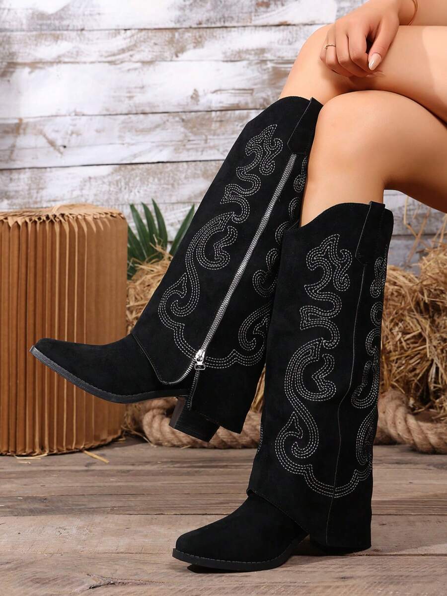 European And American Style Embroidered Western Boots Women's Pointed Toe Chunky Heel Side Zipper Knee-High Denim Boots - Black - View 1
