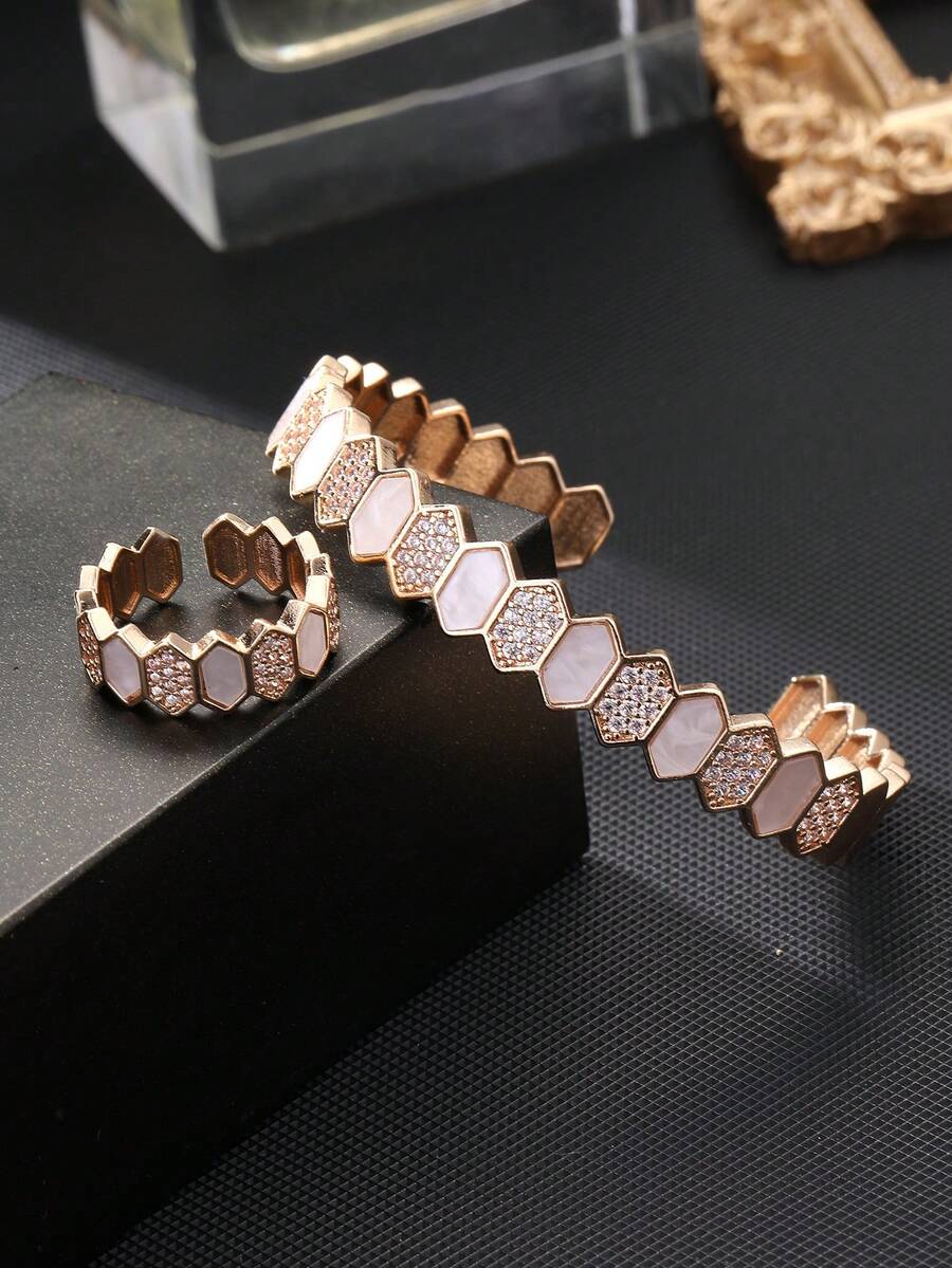 1 Set Gelang & Cincin Wanita Bentuk Heksagonal Sarang Lebah dengan Batu Zirkonia Kubik, Pilihan Warna Emas & Perak, Cocok untuk Acara Jamuan & Pesta - Rhombus SZ - View 1