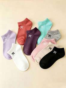 20 Pairs Women's Bowknot Solid Candy Color Boat Socks, Sweet Absorbent Breathable Invisible Socks, Suitable For Daily Wear, Sports, School Style, All Seasons, Random Colors, Optional 1 Pair/10 Pairs/20 Pairs - Multicolor - View 2