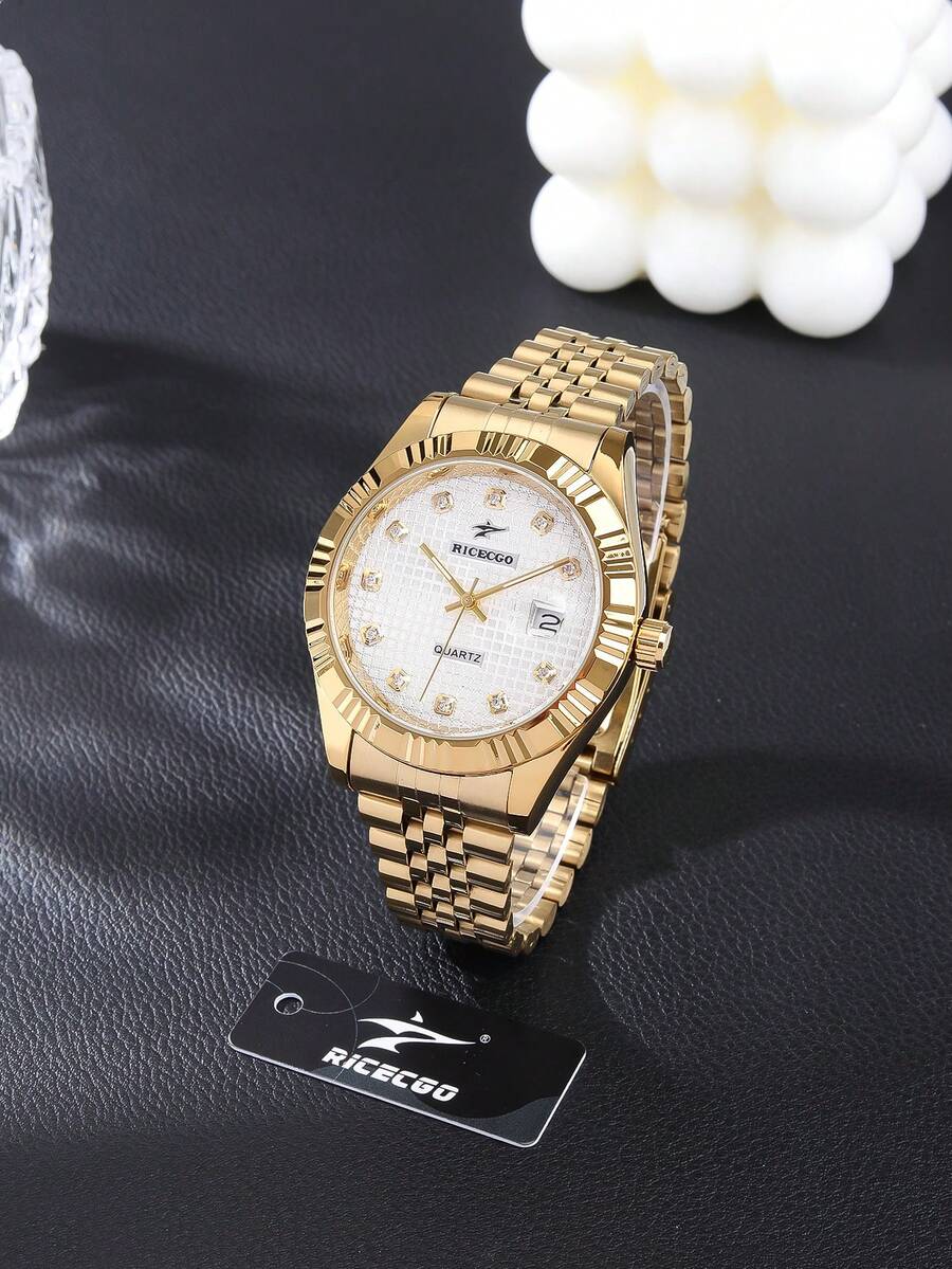 RICECGO 1pc Business Gold Men's Quartz Watch - Gold - View 1