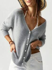 HEYMINI 100% Cashmere Women's Comfortable Grey V-Neck Knit Cardigan, Slimming Long Sleeve Sweater For Commuting, Suitable For Autumn/Winter - Grey - View 8