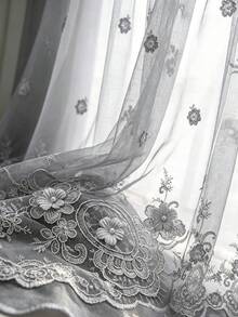 1pc Grey Tone Heavy Embroidery Premium Embossed Sheer Curtain, Grommet Style European Bedroom Balcony Bay Window Translucent Voile Curtain - Multicolor - View 7
