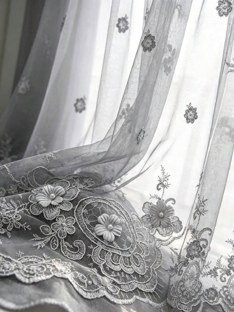 1pc Grey Tone Heavy Embroidery Premium Embossed Sheer Curtain, Grommet Style European Bedroom Balcony Bay Window Translucent Voile Curtain - Multicolor - View 1