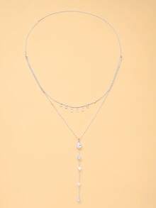 1pc Double Layer Rhinestone Back Drop Necklace, Long Y-Shaped Rhinestone Back Chain, Bridal Backless Evening Dress Accessory - Rhinestone - View 10