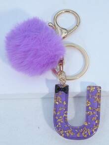 Minimalist Cute Initial Keychain A-Z Women's Bag Charm Black Bow Purple Pom Pom Key Chain Daily Wear Gift Accessory - Purple - View 26