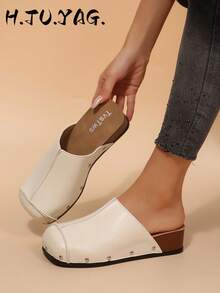 Women's New Autumn/Winter Flat French Retro Versatile Slip-On Shoes, Soft Sole With Thermal Lining, Square Toe Commuter Casual Beach Slides - Beige - View 3