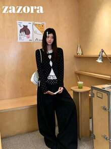 Black & White Polka Dot 2 In 1 Long Sleeve T-Shirt, Slim Fit Inner Layer With Lace Patchwork Design Top - Black and White - View 10