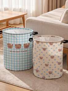 Cute Bear Pattern Foldable Laundry Basket, Large Capacity Round Fabric Dirty Clothes Storage Bin With Handle, Home Storage Basket, Laundry Bag, Suitable For Bedroom, Dorm, Bathroom, Home Essential, Perfect For Storage, Gift, Housewarming Gift - Multicolor - View 2