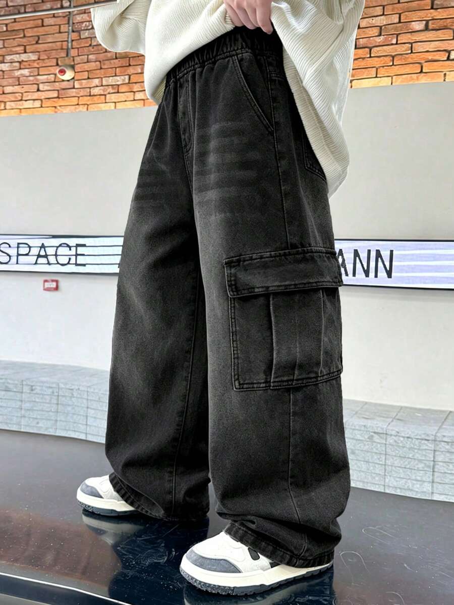 男童休閒直筒長褲,多功能時尚工裝褲,寬鬆大腿褲 - 黑色 - 查看 1