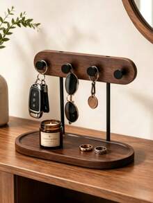 1pc Wooden Key Storage Tray With 4 Hooks, Entryway Desktop Key Car Key Coin Card - Multicolor - View 2