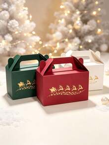 10Pcs Christmas Gable Gift Boxes With Built-In Handles, Gold Santa Sleigh And Reindeer Print, Red Green Or White Holiday Packaging For Small Presents, Party Favors, Family Gatherings, Seasonal Giveaways And Xmas Decorations - View 2