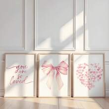 3 Piecesmodern Wall Art Poster Set, Room Decor, Home Decor Set, Abstract Canvas Art Painting, Suitable For Bedroom And Living Room - Butterfly Pattern, "You Are So Loved", Heart Pattern, Pink Bow, Minimalist Style, White Background, - A - View 3
